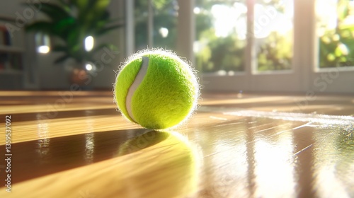 A vibrant tennis ball basking in sunlight on a polished wooden surface