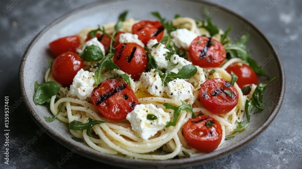 Grilled cherry tomato, feta, and arugula pasta dish Grilled cherry tomato, feta, and arugula pasta dish