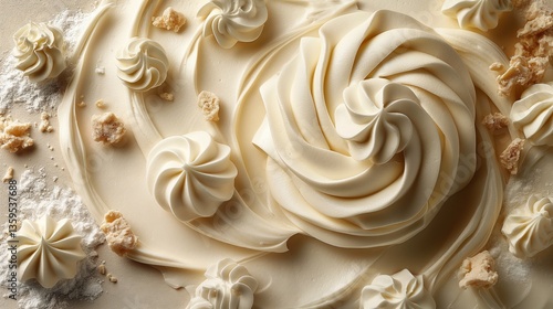 Delectable swirl of creamy frosting and delicate meringue kisses in a soft, pastel setting.
