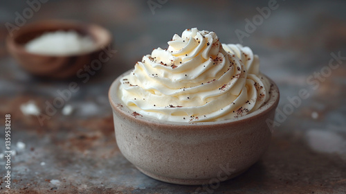 A creamy swirl of whipped cream topped with chocolate shavings in a rustic bowl, perfect for desserts.