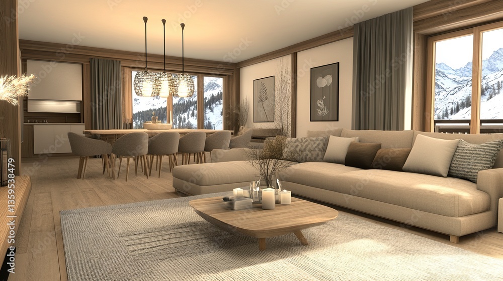 Elegant living and dining space with a beige sofa, light wood flooring, and a dining table accented by sophisticated decor and soft, contemporary lighting fixtures. Elegant living and dining space with a beige sofa, light wood flooring, and a dining table accented by sophisticated decor and soft, contemporary lighting fixtures.