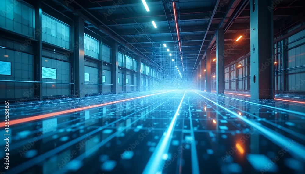 Fototapeta premium Futuristic corridor with glowing blue lines and lights