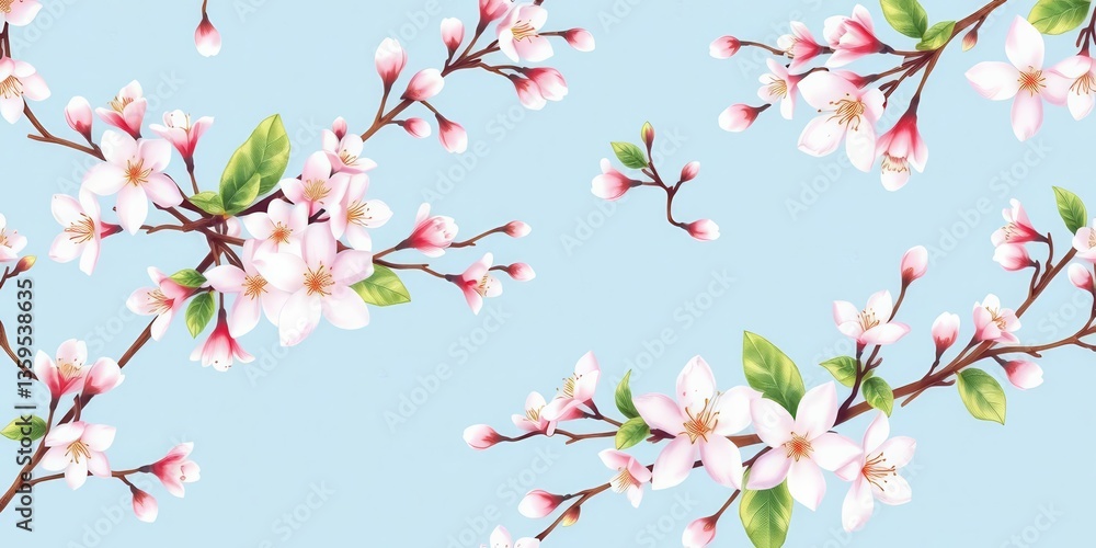 Fototapeta premium Delicate jasmine blossoms and branches create a seamless watercolor pattern on a soft blue background, textile, green