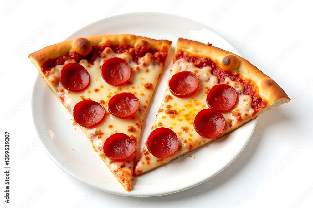 Slices of cheesy pepperoni pizza on a date night mood with flatlay studio lighting and a white background. Slices of cheesy pepperoni pizza on a date night mood with flatlay studio lighting and a white background.