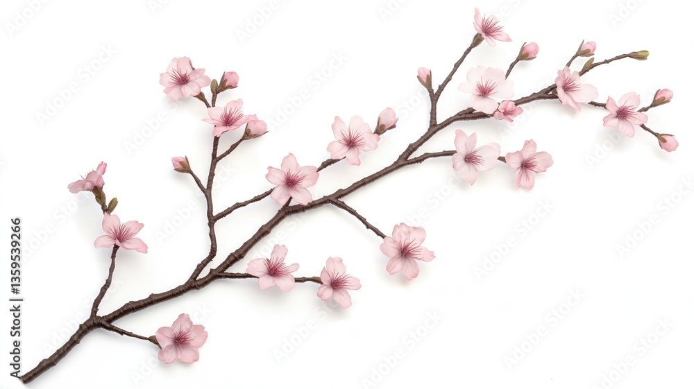 A branch of delicate cherry blossoms with soft pink flowers, isolated on a white background. A branch of delicate cherry blossoms with soft pink flowers, isolated on a white background.