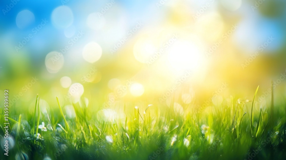 Fototapeta premium Bright and airy spring meadow background with soft blur effect, gradient from clear blue sky to vibrant green grass, ideal for nature-themed designs and seasonal projects