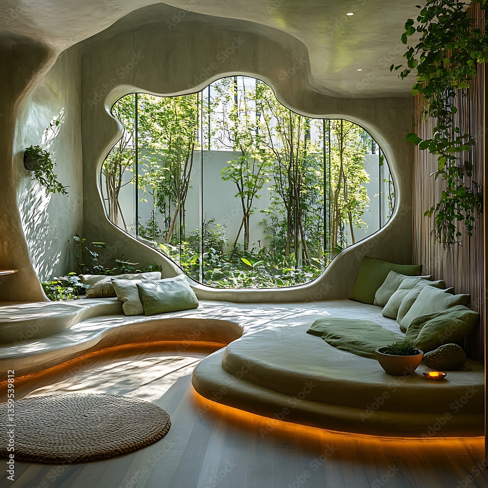Fototapeta premium Serene Modern Interior Design Organic Concrete Seating with Lush Garden View