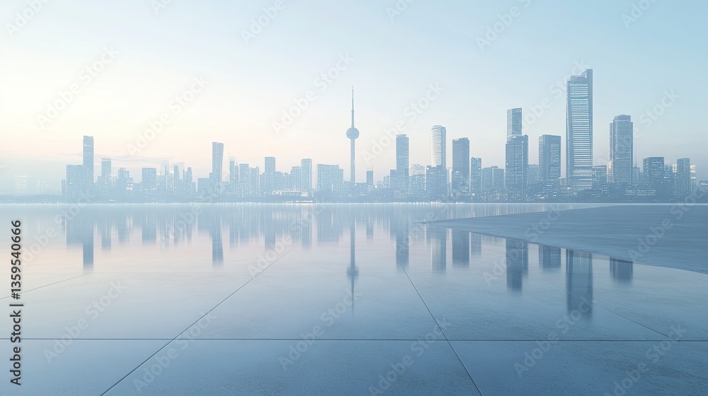 Empty floor with a sleek, polished surface, reflecting the stunning city skyline in the distance, the modern skyscrapers glowing softly under a clear sky, perfect as a car backplate Empty floor with a sleek, polished surface, reflecting the stunning city skyline in the distance, the modern skyscrapers glowing softly under a clear sky, perfect as a car backplate