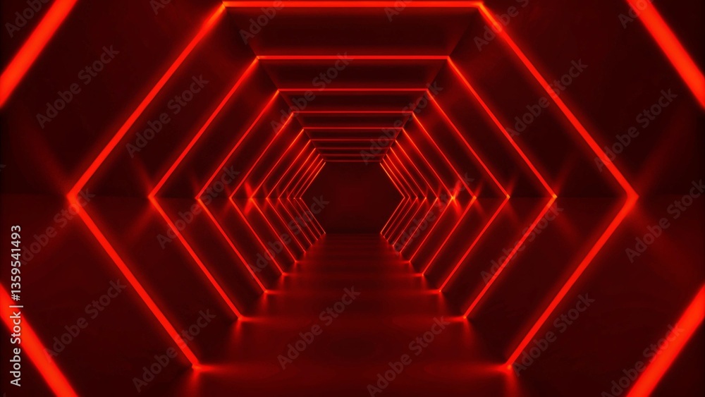 Obraz premium Abstract red neon arrow light glow background. Futuristic cyber laser line motion banner for casino. Dynamic techno perspective beam 3d graphic design. Cool party power and energy boost led tunnel