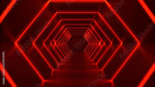 Abstract red neon arrow light glow background. Futuristic cyber laser line motion banner for casino. Dynamic techno perspective beam 3d graphic design. Cool party power and energy boost led tunnel