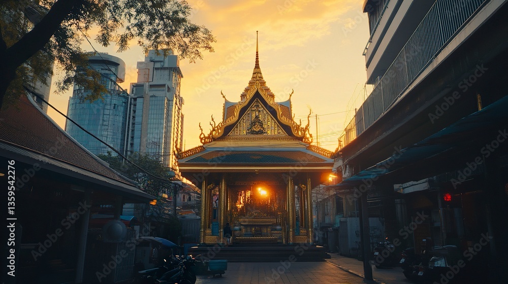 Fototapeta premium Erawan Shrine and surrounding buildings: Spiritual landmark amidst modern shopping centers and hotels, photographed from a street-level perspective, early evening glow.