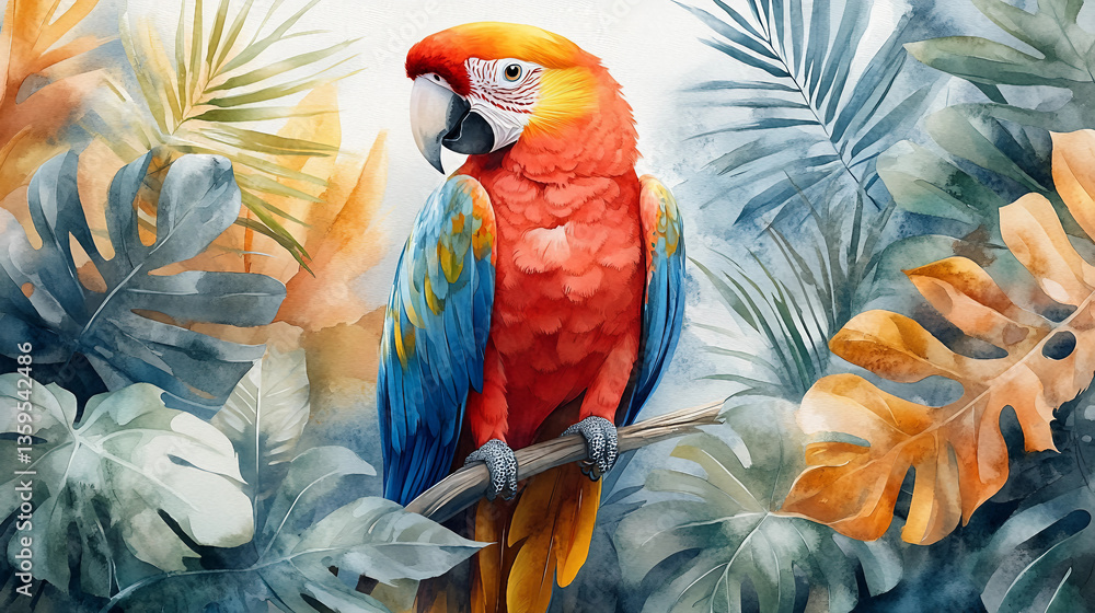 Obraz premium A majestic parrot perched gracefully among lush tropical leaves. The parrot’s feathers showcase an explosion of bright blues, fiery reds, sunny yellows, and rich greens