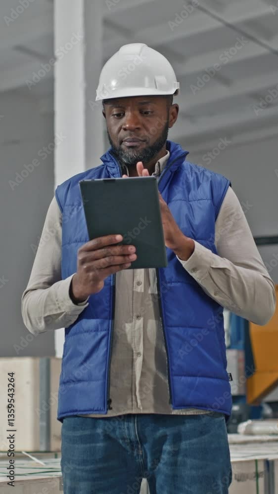 Focused African American engineer wearing white hard hat and blue vest standing in industrial facility. Professional using tablet. Entering data on touch screen. Interacting with device. Focused African American engineer wearing white hard hat and blue vest standing in industrial facility. Professional using tablet. Entering data on touch screen. Interacting with device.