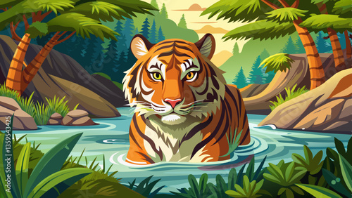 Photography up-close encounter with a wild male tiger in the river, a thrilling glimpse into