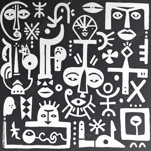 Generative AI Abstract Faces White Drawing on Black abstract face drawing black background white symbol geometric portrait line art design tribal art creativity expression