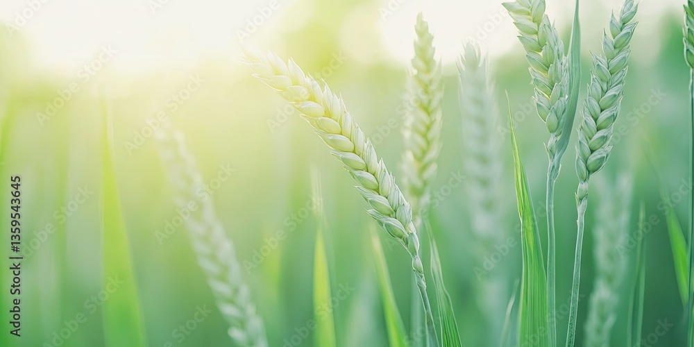Close-up of young, green wheat stalks growing in a field under a soft sunlight background with copy space Close-up of young, green wheat stalks growing in a field under a soft sunlight background with copy space