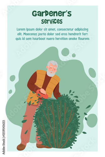 Elderly man trims a bush with scissors. Advertising banner template Gardeners services. Vector illustration