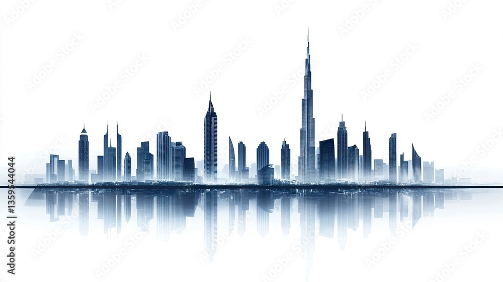 Fototapeta premium Futuristic Dubai cityscape with landmarks, isolated on a white backdrop, clean composition focusing on sharp lines and iconic silhouettes, medium shot for balance.
