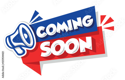 Modern red and blue vector banner ribbon Coming soon with megaphone. Vector on transparent background