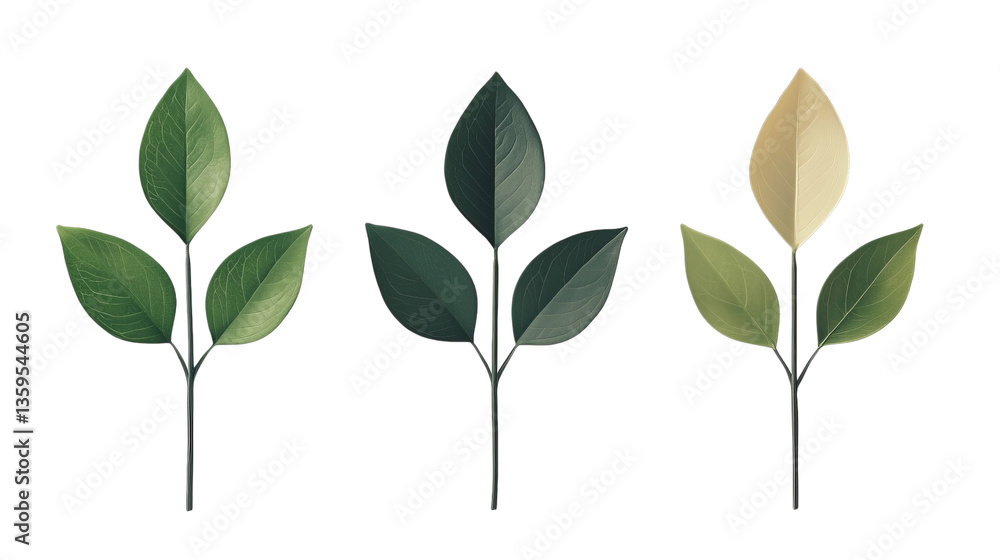 Obraz premium Png of Three botanical stems showcasing vibrant green and soft yellow leaves, symbolizing growth and renewal on transparent background.