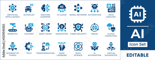 Artificial intelligence icon set featuring AI, automation, machine learning, neural networks, robotics, data science, cloud computing, deep learning, chatbots, and futuristic technology.