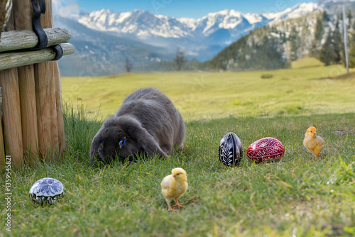 Easter Bunny with Chicks in the Mountains