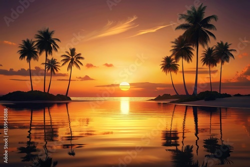 Minimalist Sunset Beach Palm Trees Ocean Golden Light Reflection Peaceful Seascape Photography