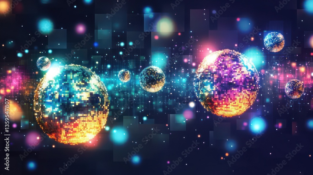 Obraz premium Glowing Spheres Emerging from a Pixelated Square abstract background