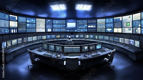 An operator inside a control room surrounded by hightech screens displaying live feeds of multiple factory areas signifying central command over new technologies.