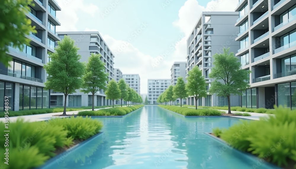 Modern urban landscape with water canal and greenery Modern urban landscape with water canal and greenery