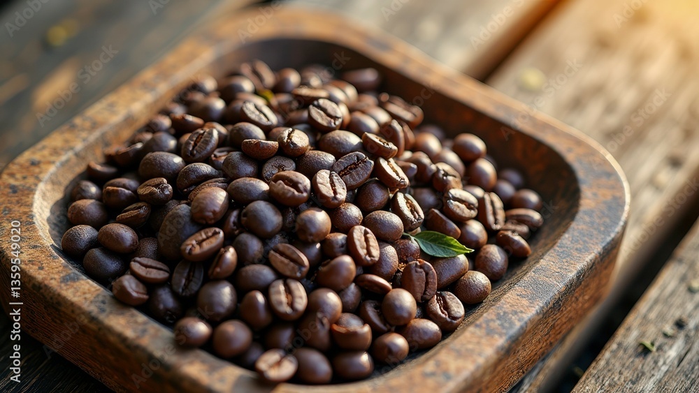 Fototapeta premium Wooden bowl filled with freshly roasted coffee beans outdoors