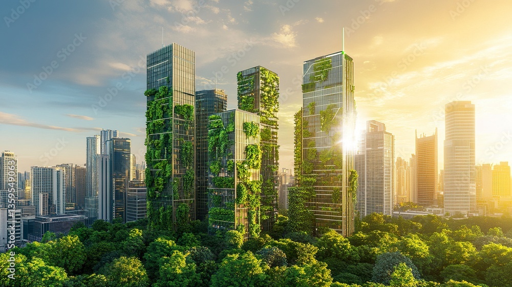 Obraz premium Innovative green cityscape, sleek skyscrapers adorned with plants, renewable energy integrated into urban design, vibrant sunlight enhancing details, clear open area for text overlay. 
