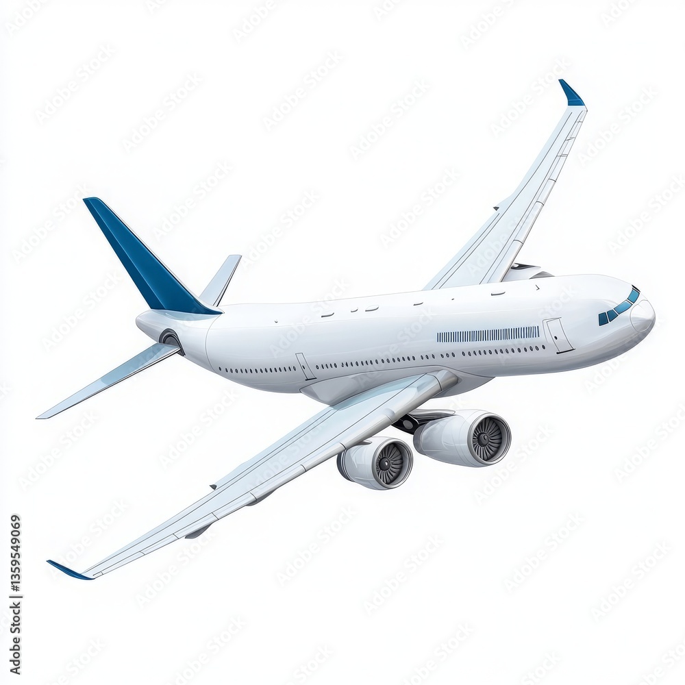 Obraz premium White Wide-Body Airplane with Blue Accents in Flight, Featuring Dual Under-Wing Engines and Streamlined Design