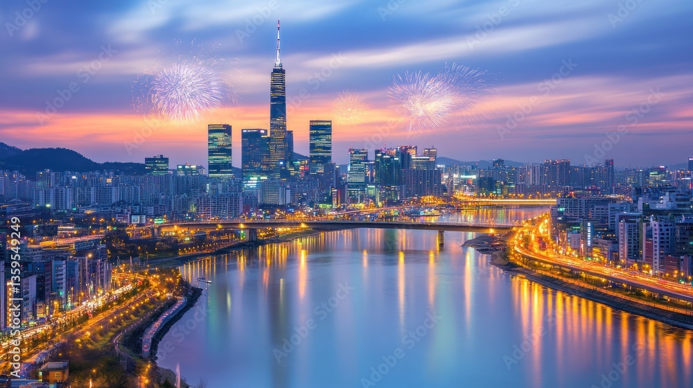 Naklejka premium Seoul skyline at twilight with firework celebration over the Han River