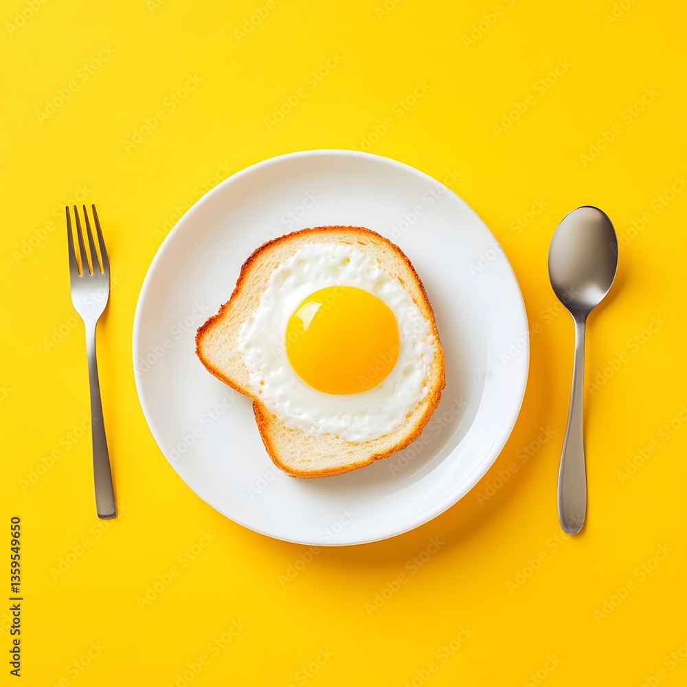 Fried egg on a plate with spoon and fork on yellow backgroundю Top view. flat lay, selective focus. Fried egg on a plate with spoon and fork on yellow backgroundю Top view. flat lay, selective focus.