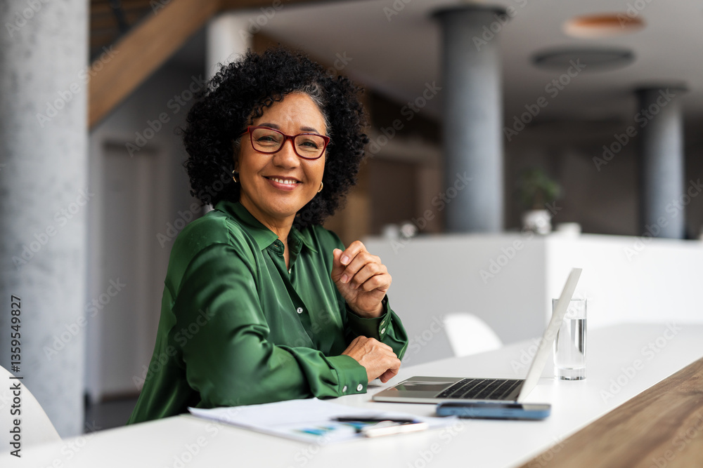 Smiling Professional Woman Working on Laptop in Modern Office Environment