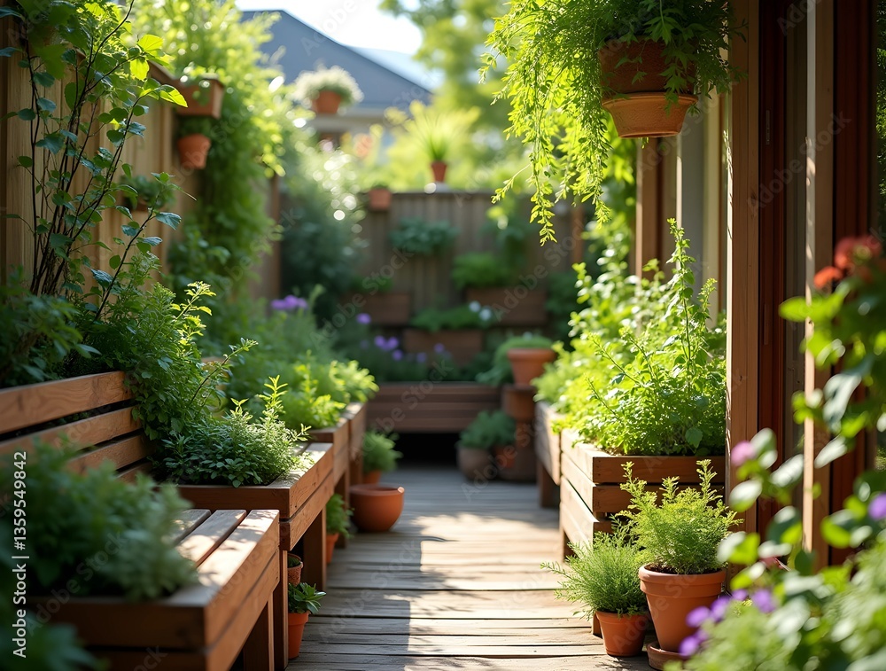 Fototapeta premium A sunny mini garden with wooden pots, benches, and a variety of herbs