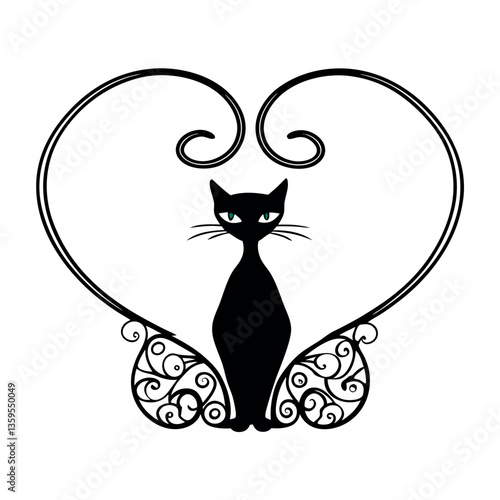 Black cat silhouette heart shape curled tail.