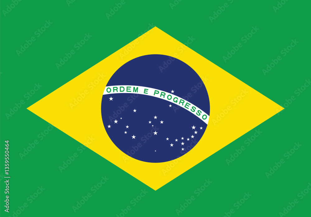 Fototapeta premium Brazil Flag Vector Clipart Illustration – High-Quality Brazilian National Flag Design with Green and Yellow Colors, Blue Globe, and White Banner with Ordem e Progresso for Digital and Print Use