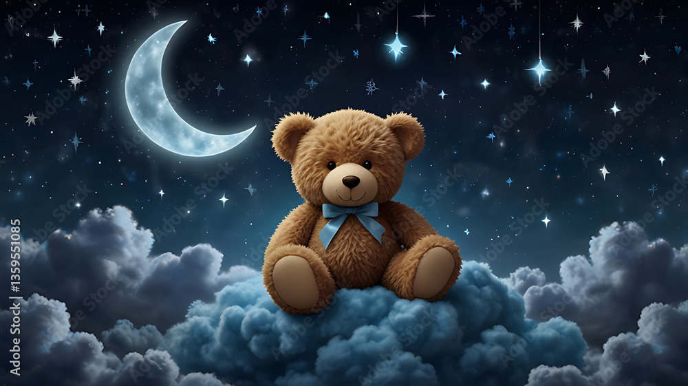 A cute teddy bear with a blue ribbon sits on fluffy clouds A cute teddy bear with a blue ribbon sits on fluffy clouds