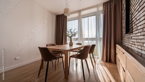 a dining room with square table and chairs beside the window with flowing curtains