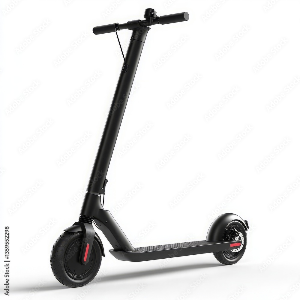 Sleek Black Electric Scooter with Compact Design, Reflectors, and Brake Light on White Background for Urban Commuting Sleek Black Electric Scooter with Compact Design, Reflectors, and Brake Light on White Background for Urban Commuting