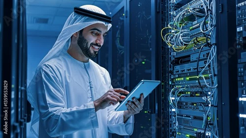 Wallpaper Mural Emirati Man in Data Center Server Room, Using Tablet to Monitor Network Systems Torontodigital.ca