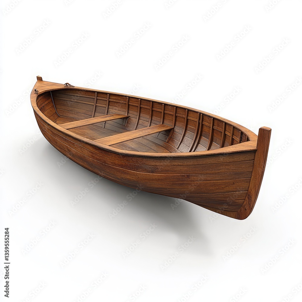 Handcrafted Wooden Rowboat with Polished Finish and Three Seats on White Background Handcrafted Wooden Rowboat with Polished Finish and Three Seats on White Background