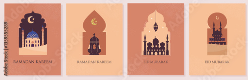 Ramadan Kareem and Eid Mubarak flat vector greeting cards set with minimalistic illustrations of mosques, minarets, crescent moon, lanterns inside traditional architecture windows.