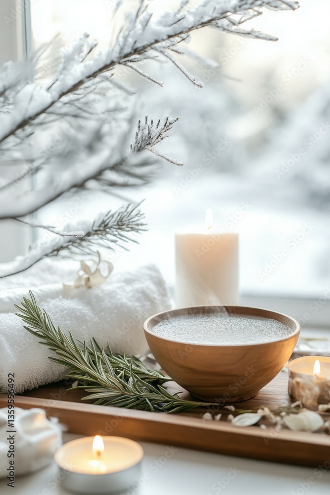 A tabletop scene of a luxurious at-home spa setup: a wooden tray with a bowl of steamy warm water, fresh rosemary, a fluffy towel, and candles. A tabletop scene of a luxurious at-home spa setup: a wooden tray with a bowl of steamy warm water, fresh rosemary, a fluffy towel, and candles.