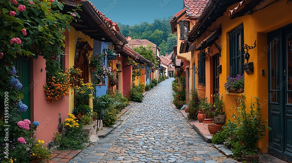 Fototapeta premium Colorful European alleyway with flowers