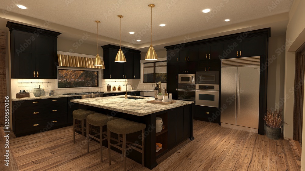 Luxurious modern kitchen with dark matte cabinets, gold hardware accents, a large center island with quartz countertops, and recessed lighting, realistic 3D rendering. Luxurious modern kitchen with dark matte cabinets, gold hardware accents, a large center island with quartz countertops, and recessed lighting, realistic 3D rendering.