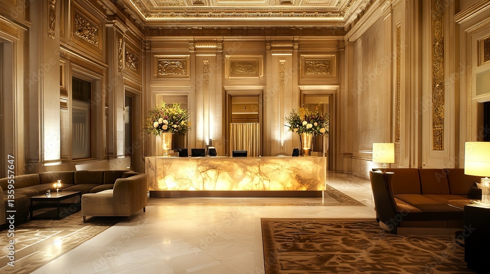 Fototapeta premium Luxury hotel reception featuring a backlit marble desk, high ceilings, intricate decorative panels, and plush seating areas for a sophisticated ambiance. 