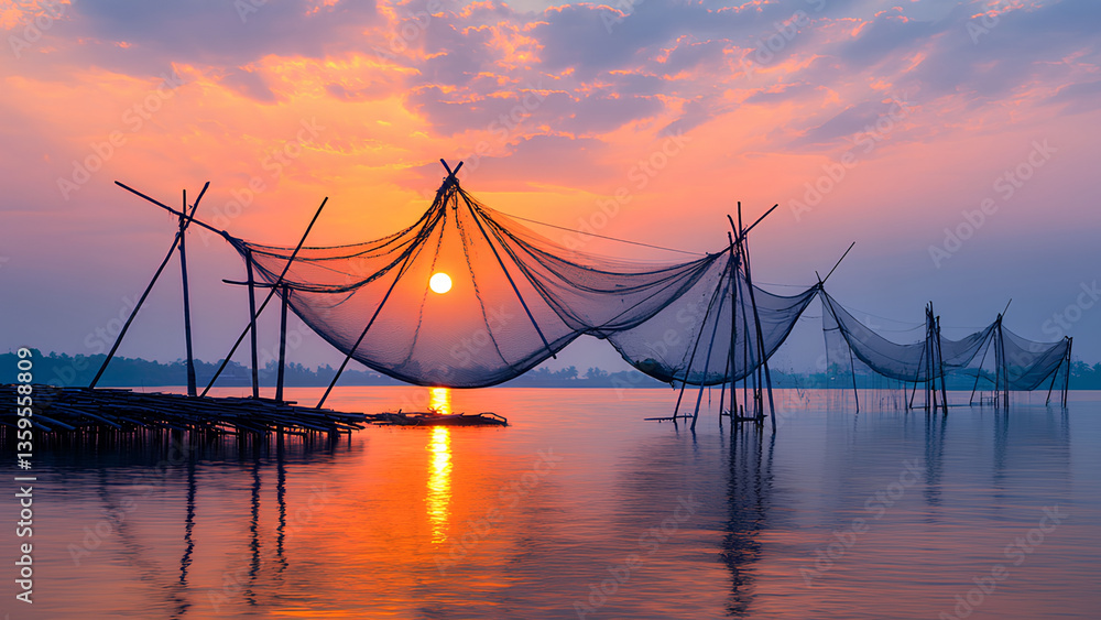 Obraz premium Traditional Fishing Nets at Sunset Over Serene River Landscape